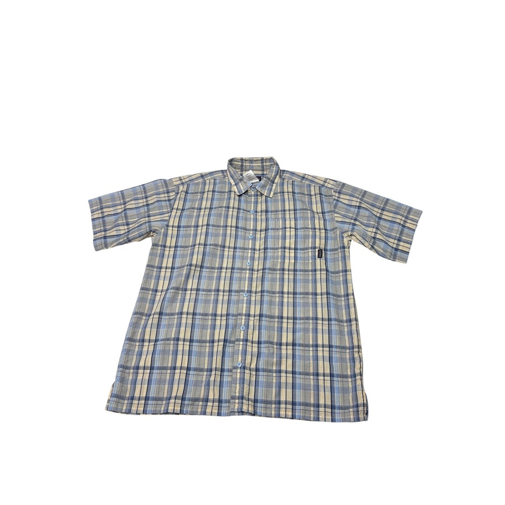 Patagonia Mens Blue Plaid Short Sleeve Button Down Seersucker Shirt Cotton M